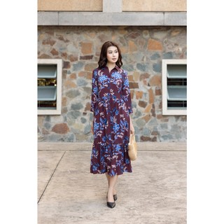 SWANLAKE | Váy Đầm Sơ Mi Nữ Maxi Xòe Cài Nút Tay Lỡ Vải Tơ Đũi In Hoa Dây Thắt Eo Công Sở D13573