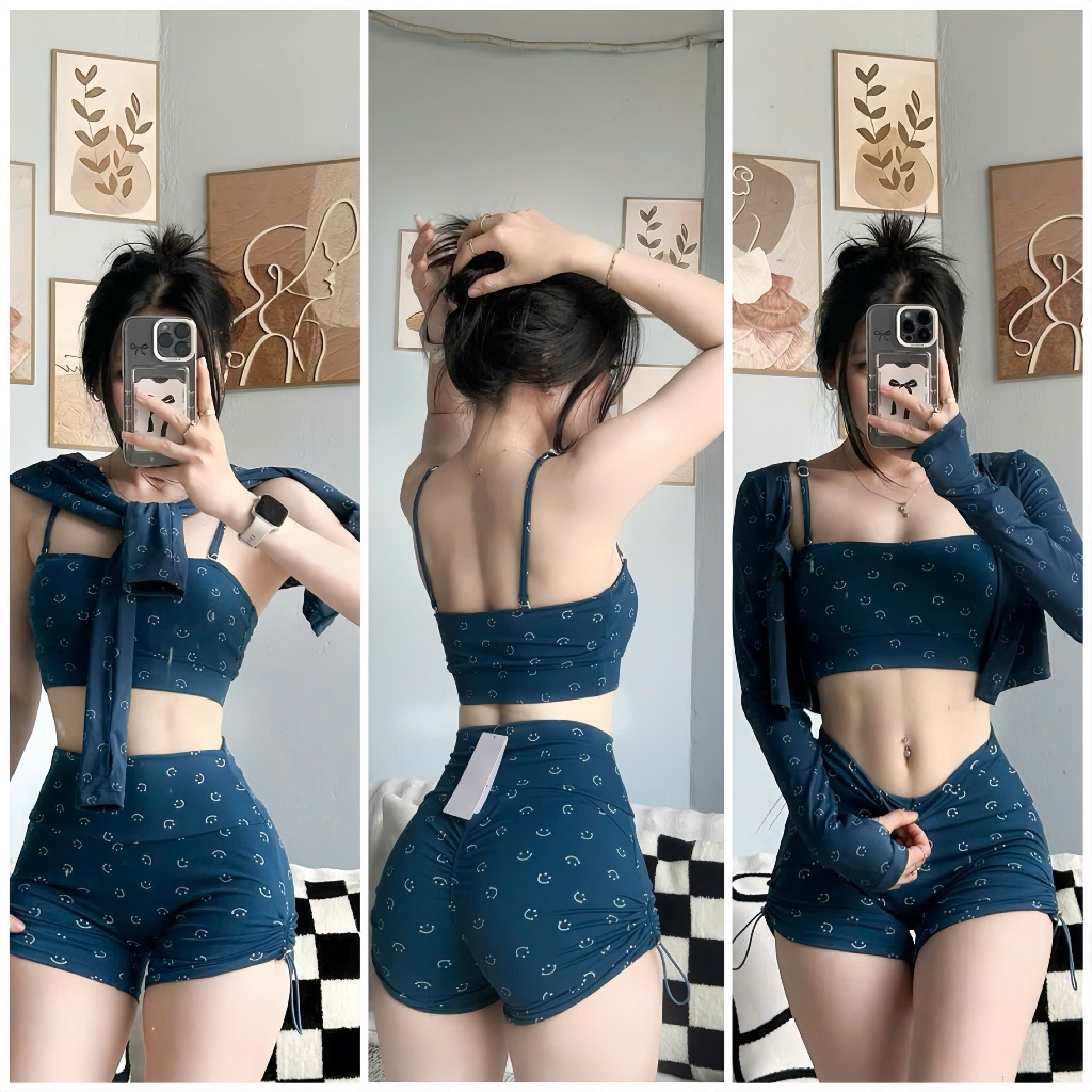 Bộ Quần Áo 3 Mảnh S8 Tách Rời Style Hàn Quốc Hoạ Tiết Mặt Cười Chất LULU Co Dãn Tập Gym-Yoga-Aerobic-Chạy bộ-Đạp xe THIT