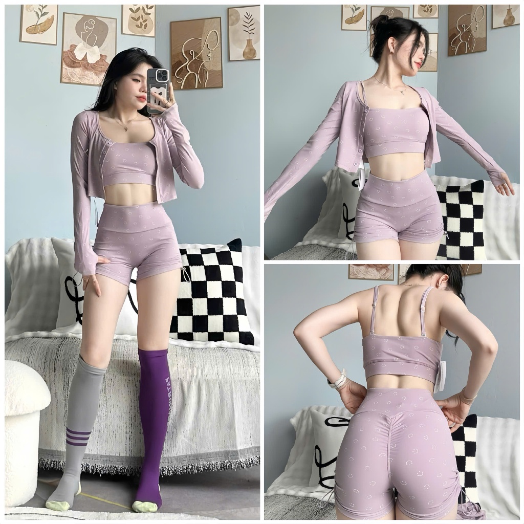 Bộ Quần Áo 3 Mảnh S8 Tách Rời Style Hàn Quốc Hoạ Tiết Mặt Cười Chất LULU Co Dãn Tập Gym-Yoga-Aerobic-Chạy bộ-Đạp xe THIT