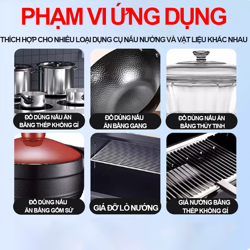 Chất tẩy rửa đa năng này không ăn mòn và có thể làm sạch đáy nồi, bếp ga, bếp từ và thép không gỉ, loại bỏ rỉ sét và cặn
