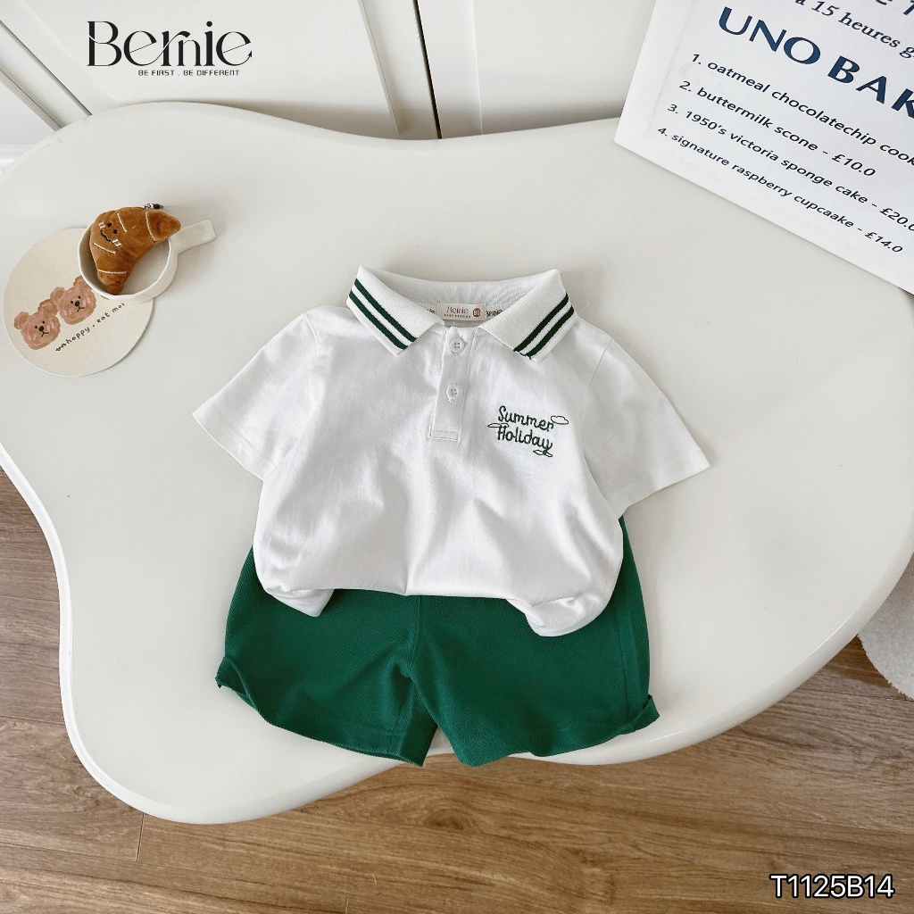 Bộ polo summer holiday áo thun thêu chữ quần cá sấu cá, bộ cotton cổ đức mềm mát bé trai