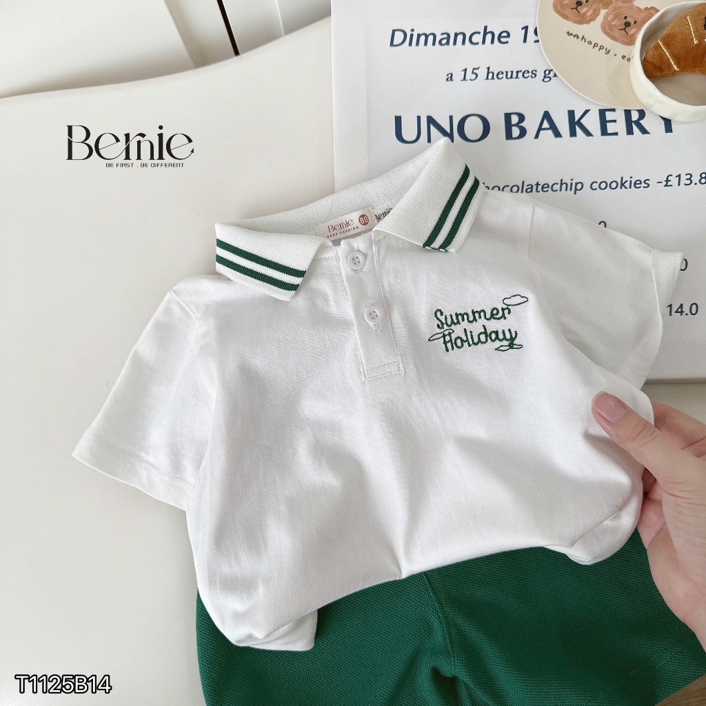 Bộ polo summer holiday áo thun thêu chữ quần cá sấu cá, bộ cotton cổ đức mềm mát bé trai