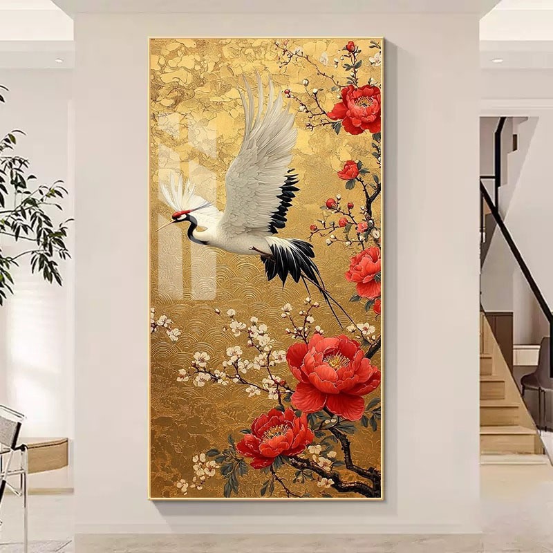 Tranh Treo Decor "Chim Hạc và Hoa" Tranh Decor - Tranh Treo Phòng khách, Tranh Treo phòng ngủ, Tranh tráng gương cao cấp