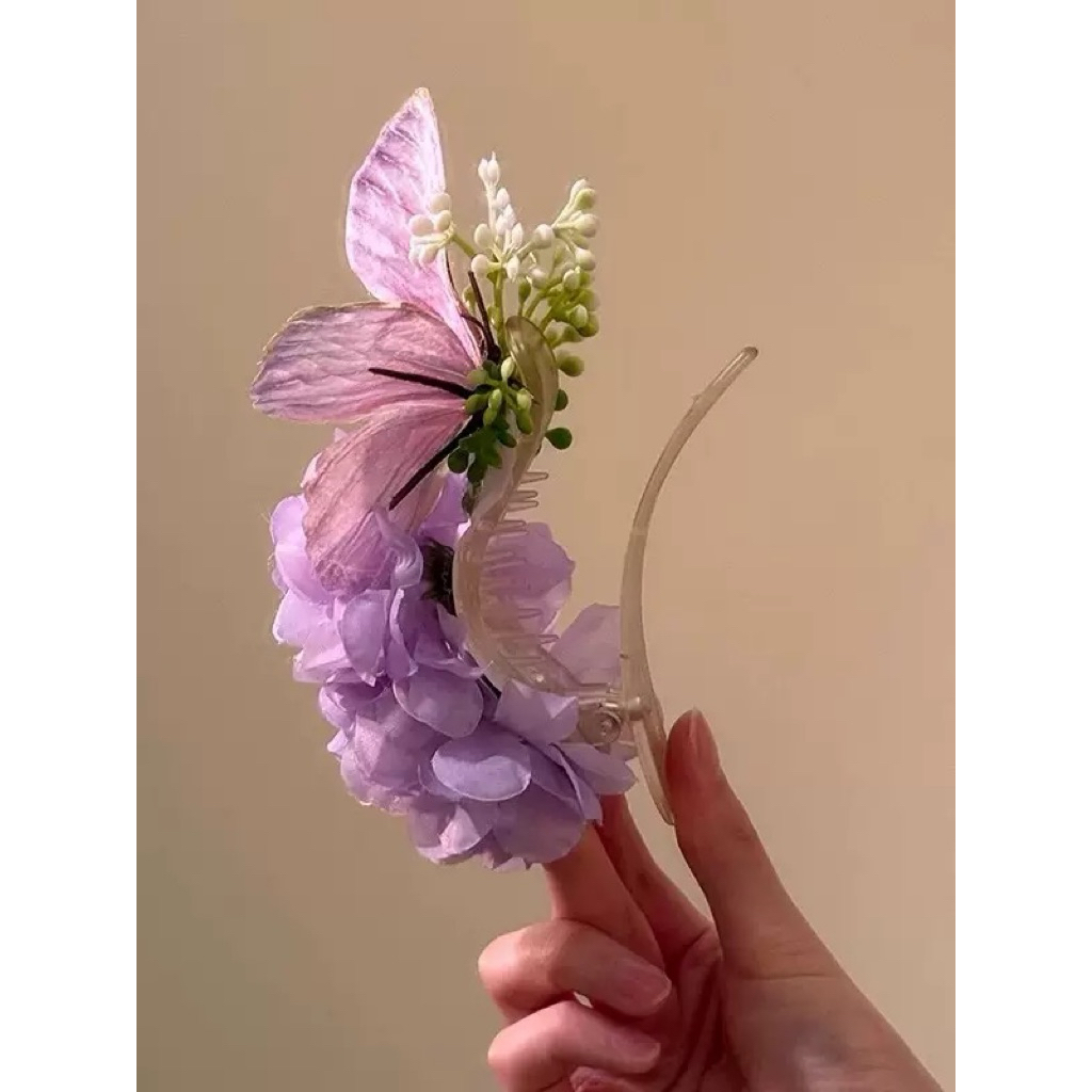 Kẹp Tóc Hoa Tú Cầu Tím Phối Bướm Xuân Hè Ngọt Ngào Phụ Kiện Du Lịch Kì Nghỉ Cô Dâu