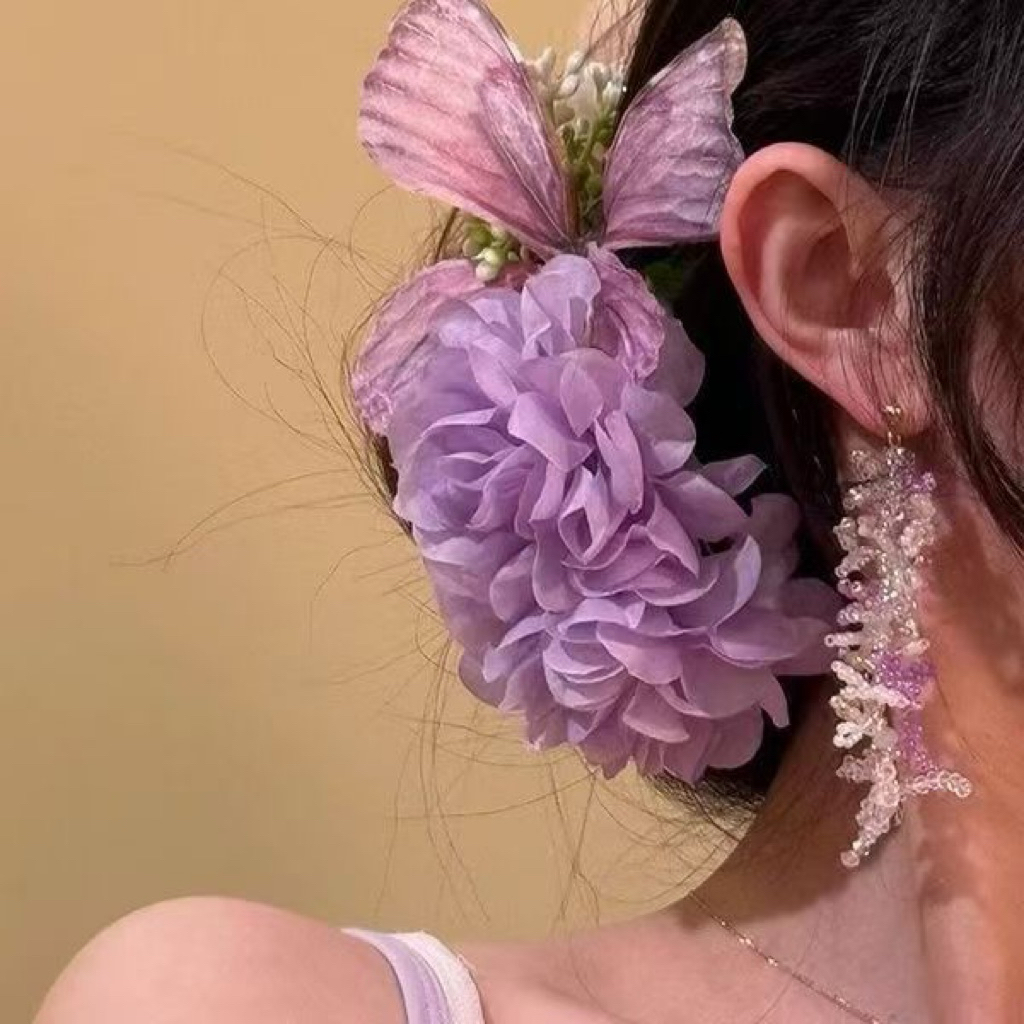 Kẹp Tóc Hoa Tú Cầu Tím Phối Bướm Xuân Hè Ngọt Ngào Phụ Kiện Du Lịch Kì Nghỉ Cô Dâu