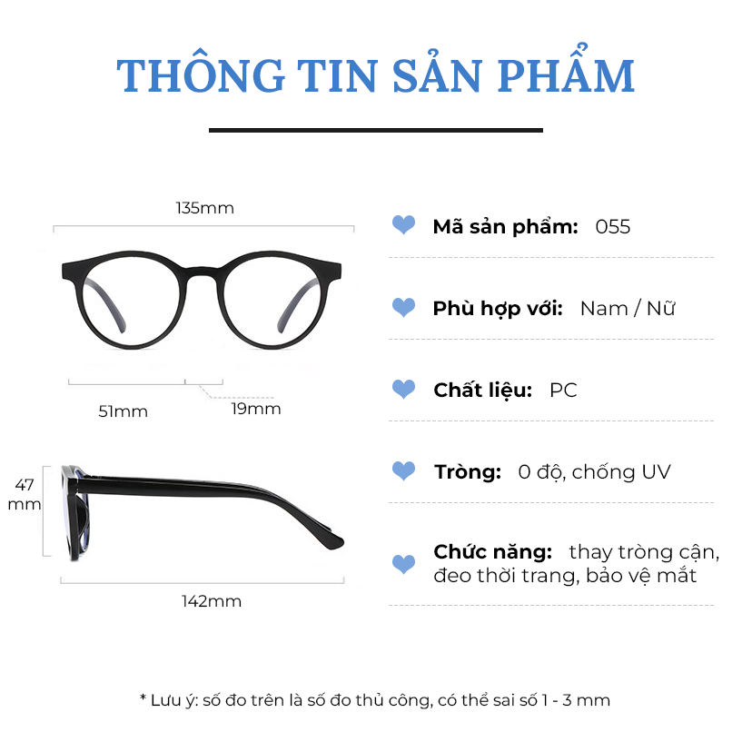 Kính mắt nữ nam mắt kính không độ chống tia UV gọng kính cận tròn mắt mèo cute phong cách Ulzzang HANASO 055