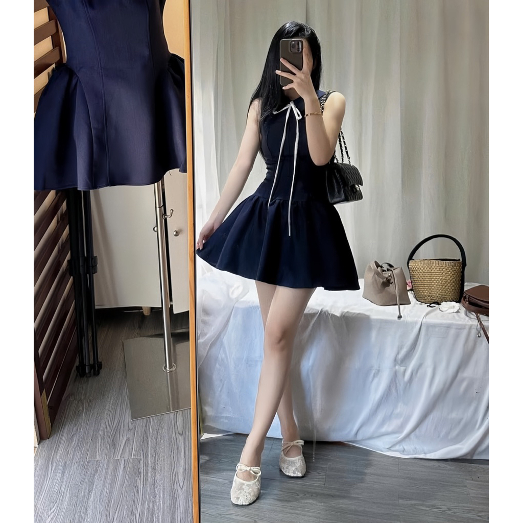 LASY Thời Trang Nữ| Đầm Xoè Dáng Ngắn Cổ Phối Nơ Dài - Màu Xanh Than Tôn Da - Đầm Xinh Đi Tiệc Đi Chơi - P1123