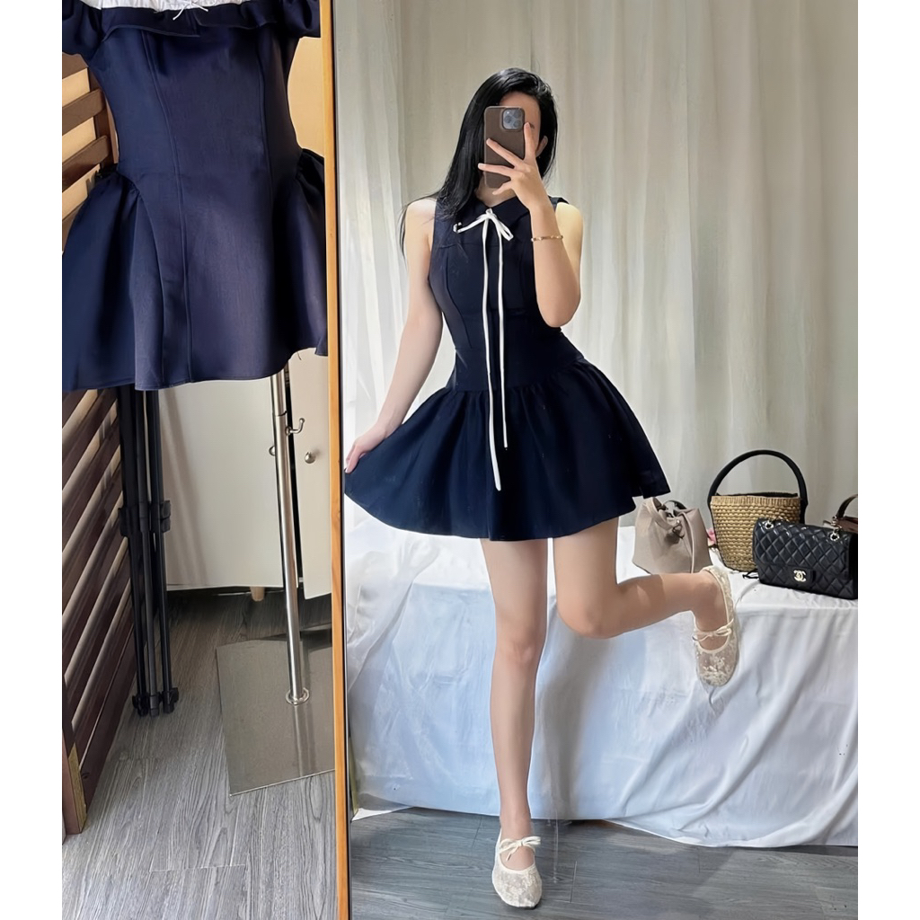 LASY Thời Trang Nữ| Đầm Xoè Dáng Ngắn Cổ Phối Nơ Dài - Màu Xanh Than Tôn Da - Đầm Xinh Đi Tiệc Đi Chơi - P1123