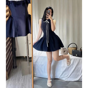 LASY Thời Trang Nữ| Đầm Xoè Dáng Ngắn Cổ Phối Nơ Dài - Màu Xanh Than Tôn Da - Đầm Xinh Đi Tiệc Đi Chơi - P1123