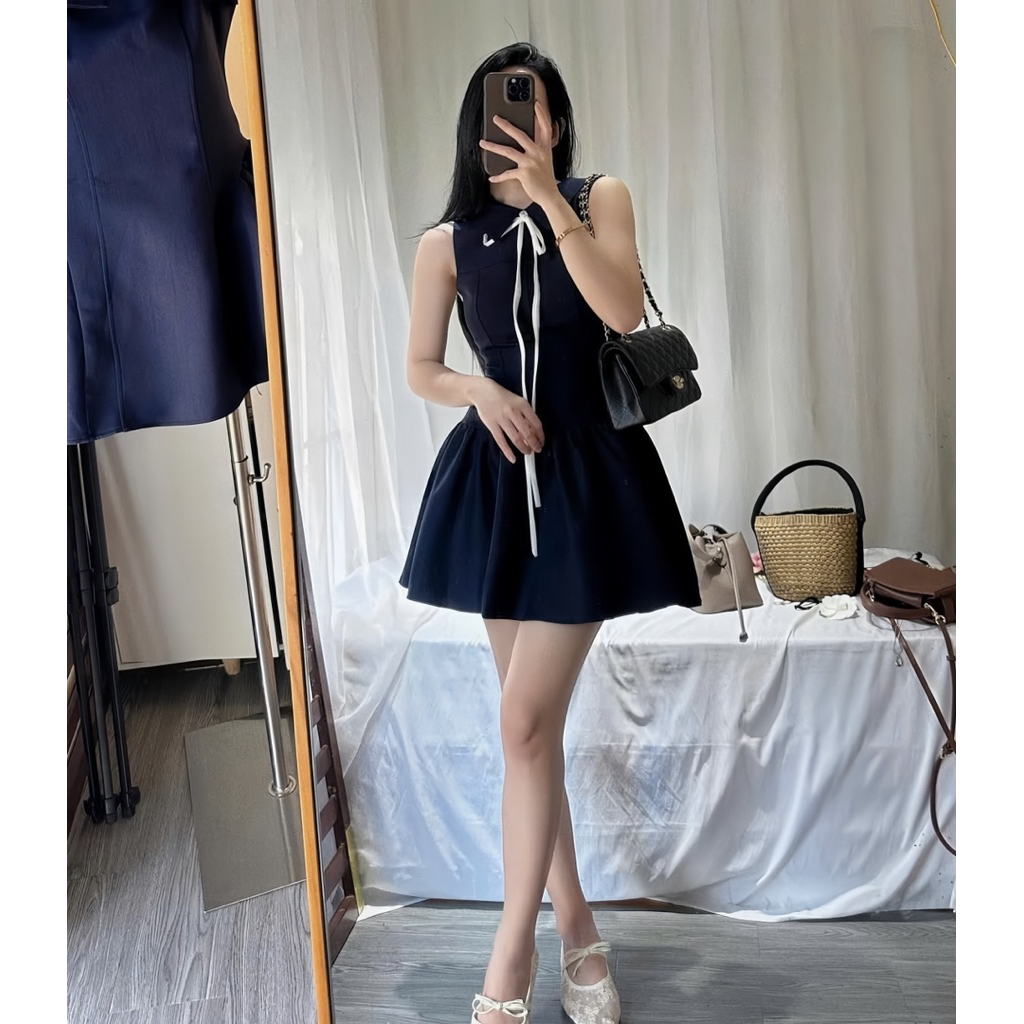LASY Thời Trang Nữ| Đầm Xoè Dáng Ngắn Cổ Phối Nơ Dài - Màu Xanh Than Tôn Da - Đầm Xinh Đi Tiệc Đi Chơi - P1123