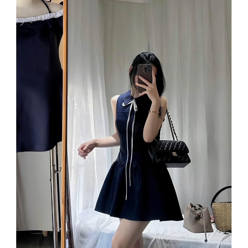 LASY Thời Trang Nữ| Đầm Xoè Dáng Ngắn Cổ Phối Nơ Dài - Màu Xanh Than Tôn Da - Đầm Xinh Đi Tiệc Đi Chơi - P1123