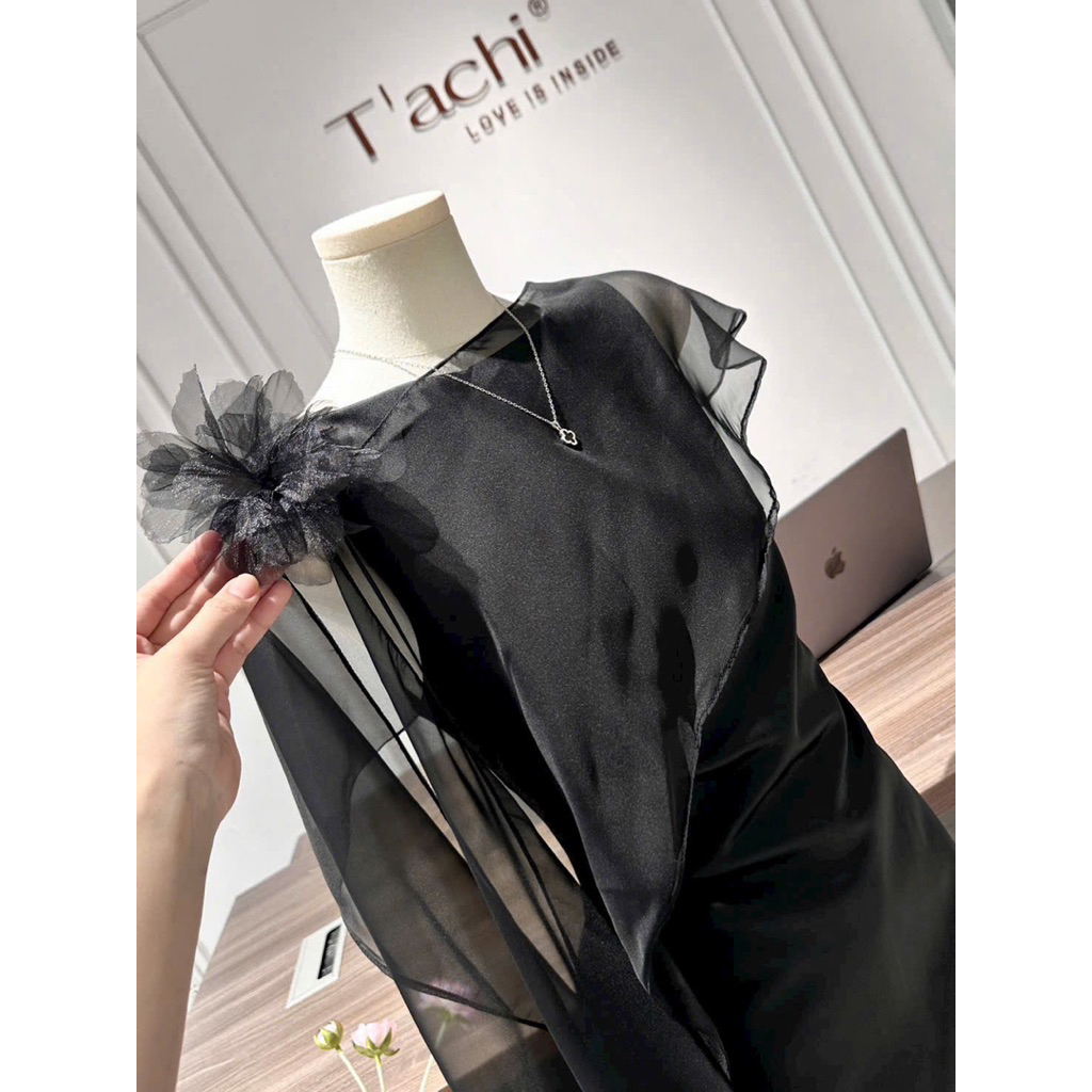 LASY Thời Trang Nữ| Váy Đầm Đi Tiệc Cổ Tròn Phối Choàng Lụa Đính Hoa - Đầm Xinh Đi Tiệc Đi Chơi - P1126