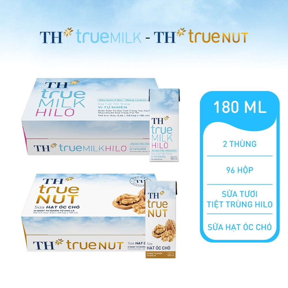 Combo 1 Thùng sữa tươi tiệt trùng TH true Milk HILO và 1 Thùng sữa hạt óc chó TH true Nut 180ml x 96 hộp