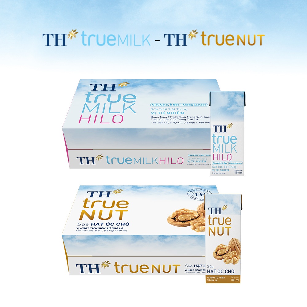 Combo 1 Thùng sữa tươi tiệt trùng TH true Milk HILO và 1 Thùng sữa hạt óc chó TH true Nut 180ml x 96 hộp