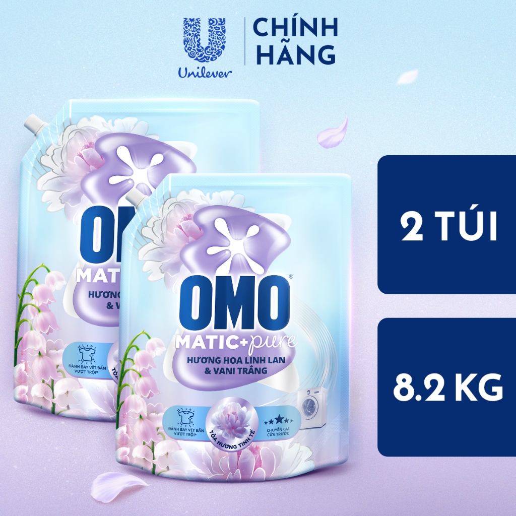 Combo 2 Nước giặt OMO Matic Pure Cửa Trước Hương Linh Lan & Vani Trắng 4.1KG (túi)