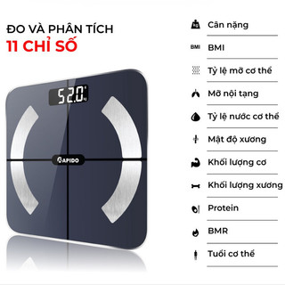 Cân Sức Khỏe Điện Tử Đo Thông Minh Rapido 20 Chỉ Số Kết Nối Bluetooth Đo Chỉ Số Cân Nặng, Đo Lượng Chất Béo BH 12 tháng