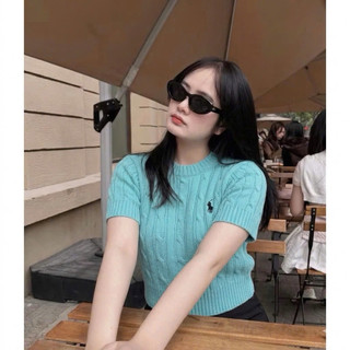 LT - Áo len nữ cộc tay xoắn thừng ngựa thêu ngực cổ tròn, free size dáng lửng 1584