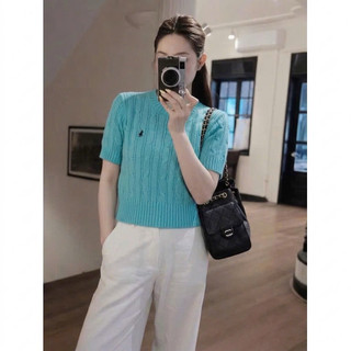 LT - Áo len nữ cộc tay xoắn thừng ngựa thêu ngực cổ tròn, free size dáng lửng 1584