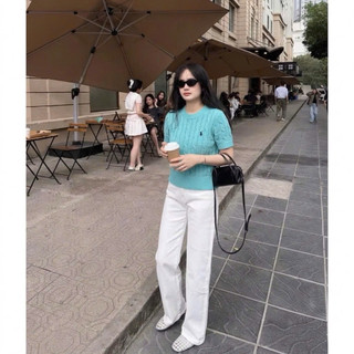 LT - Áo len nữ cộc tay xoắn thừng ngựa thêu ngực cổ tròn, free size dáng lửng 1584