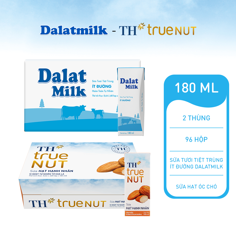 Combo 1 Thùng sữa tươi tiệt trùng ít đường Dalatmilk và 1 Thùng sữa hạt hạnh nhân TH true Nut 180ml x 96 hộp