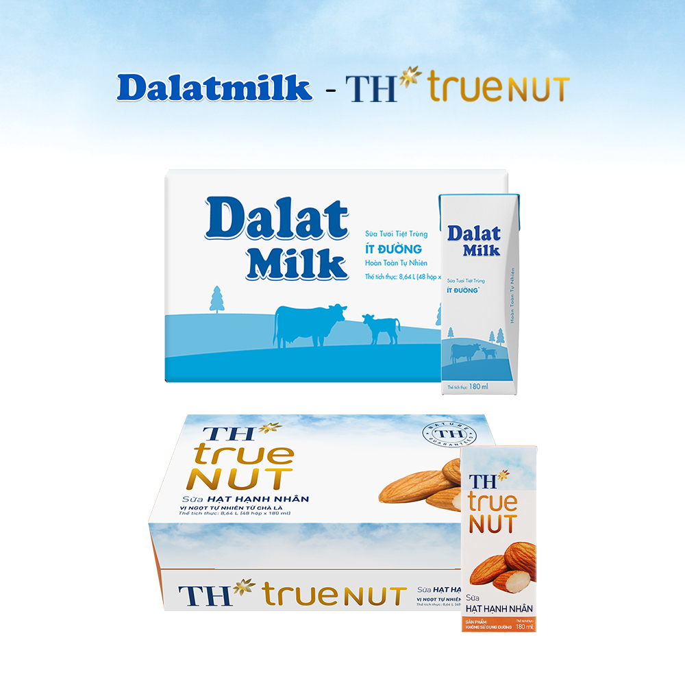 Combo 1 Thùng sữa tươi tiệt trùng ít đường Dalatmilk và 1 Thùng sữa hạt hạnh nhân TH true Nut 180ml x 96 hộp
