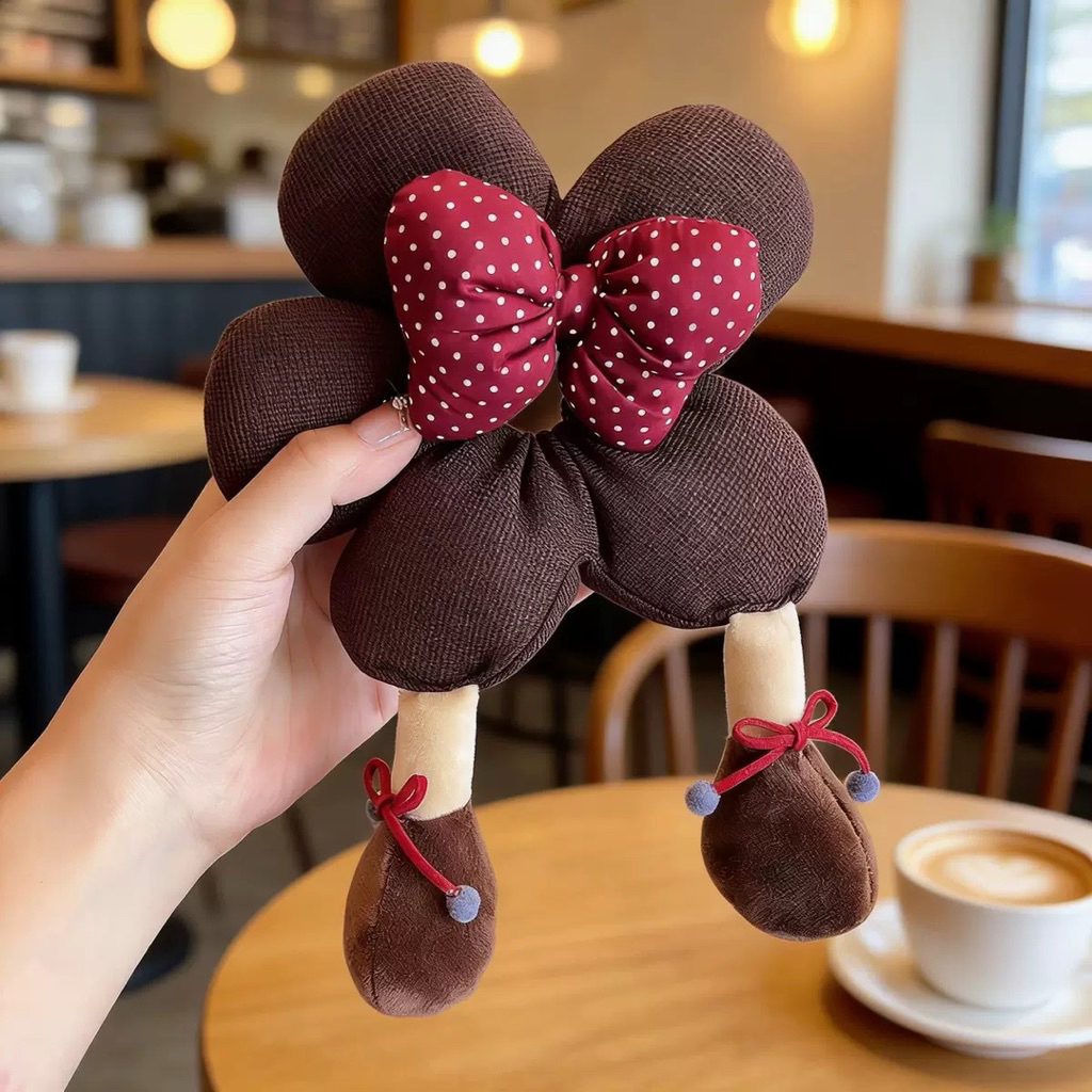 scrunchies chun hoa phồng đính nơ, scrunchies nâu đỏ đính nơ