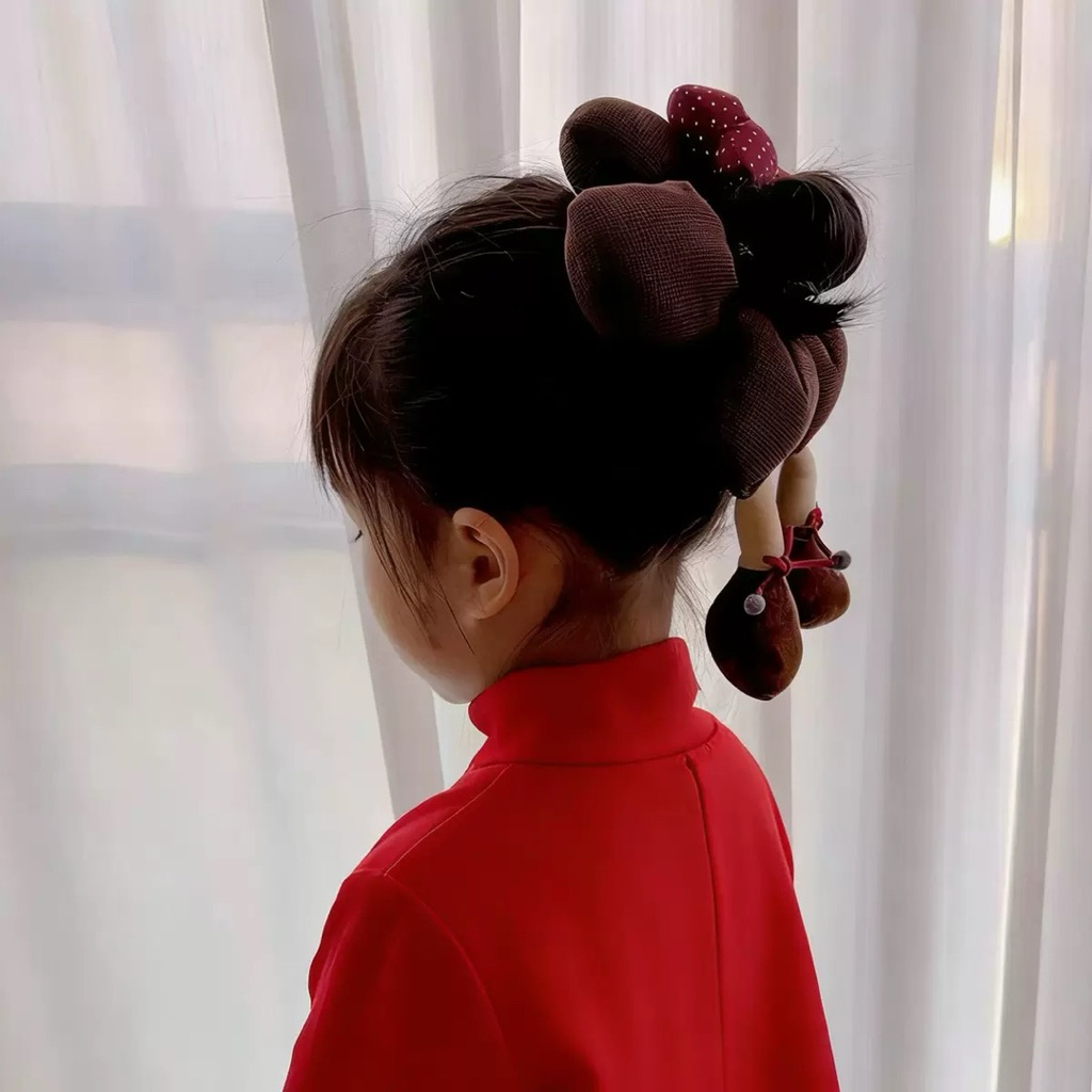 scrunchies chun hoa phồng đính nơ, scrunchies nâu đỏ đính nơ