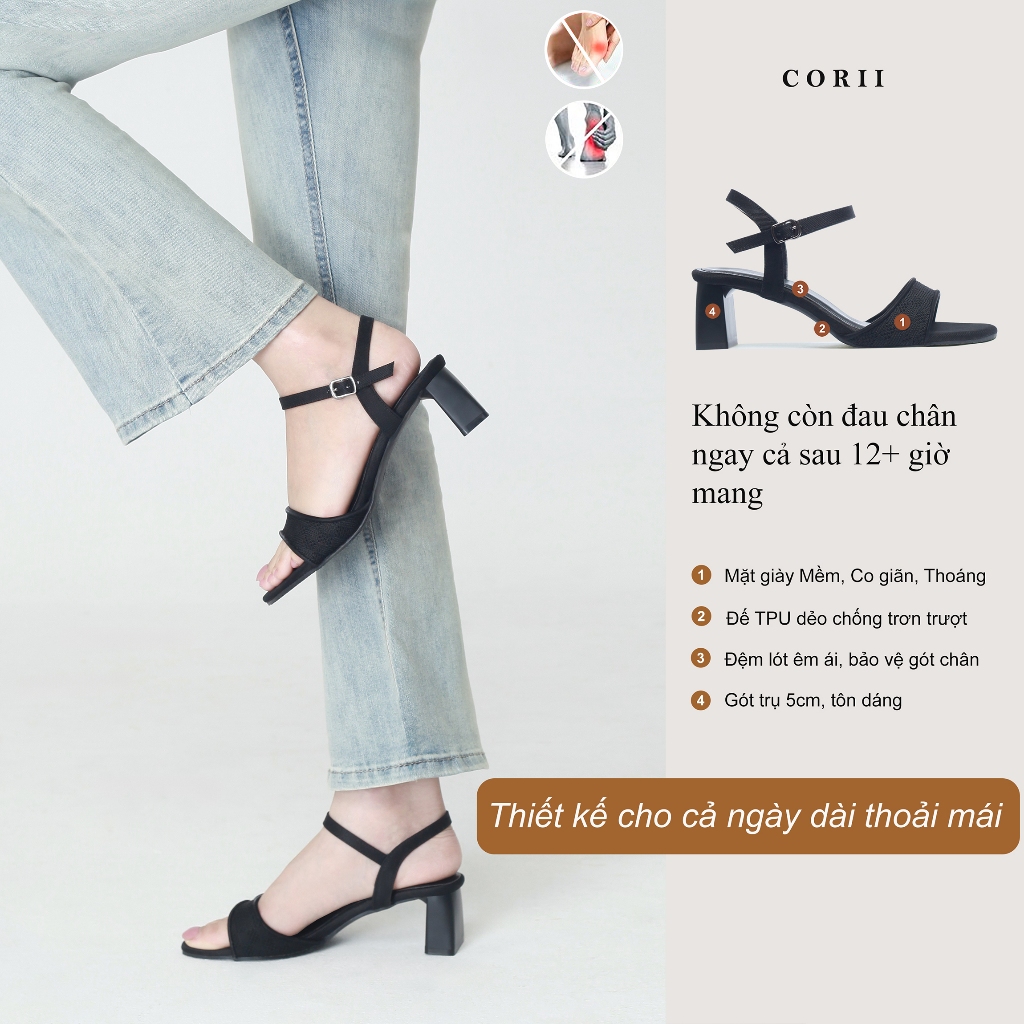 CORII - Giày Sandal Cao Gót Quai Ngang Mũi Tròn Bản Nhỏ Thời Trang và Thoải Mái Nhất - CR6LME1 Đen