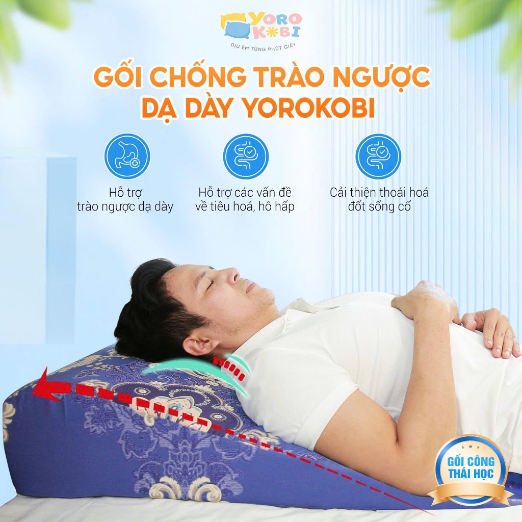 Gối Chống Trào Thực Quản Dạ Dày Yorokobi - Cao 16cm Bo Tròn Đỉnh, Gối Công Thái Học