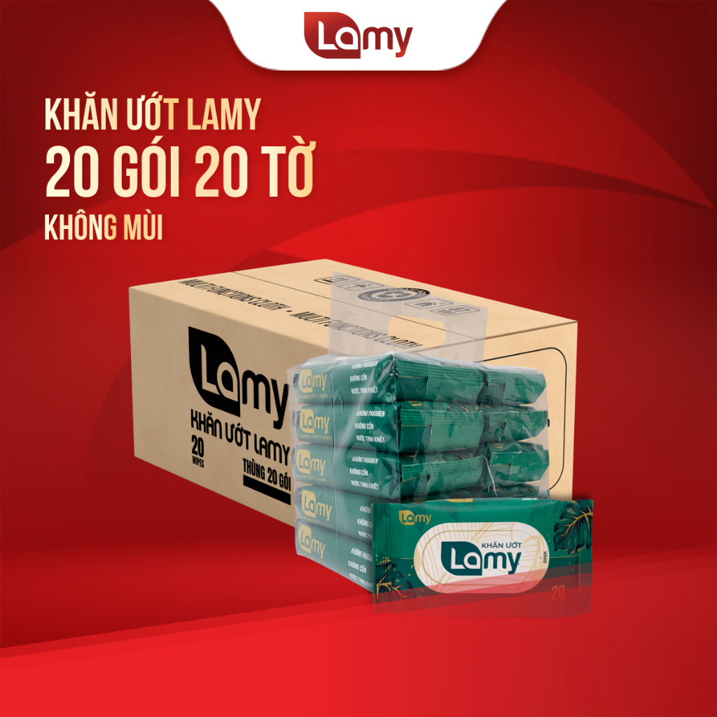 Khăn giấy ướt Lamy Thùng 20 gói nhỏ 20 tờ cao cấp không mùi mềm mịn an toàn cho da