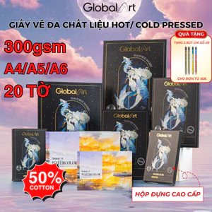 Giấy Vẽ Màu Nước GLOBAL ART 300gsm A4 A5 A6 Vân Hot/Cold Cao Cấp Tô Màu Nước, Gouache, Acrylic- 20 Tờ