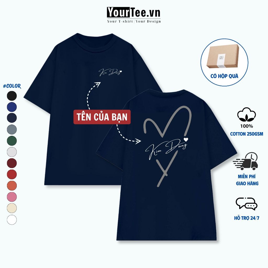 [ÁO THUN UNISEX IN TÊN] Áo Thun Form Rộng Trái Tim Cotton 100% 250gsm + CÓ HỘP