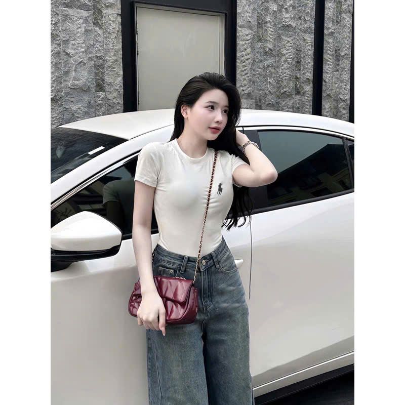 Áo Thun Babytee Ôm Eo Tôn Dáng Basic In Ngựa Giả Thêu Phong Cách Hàn Quốc Siêu Đẹp
