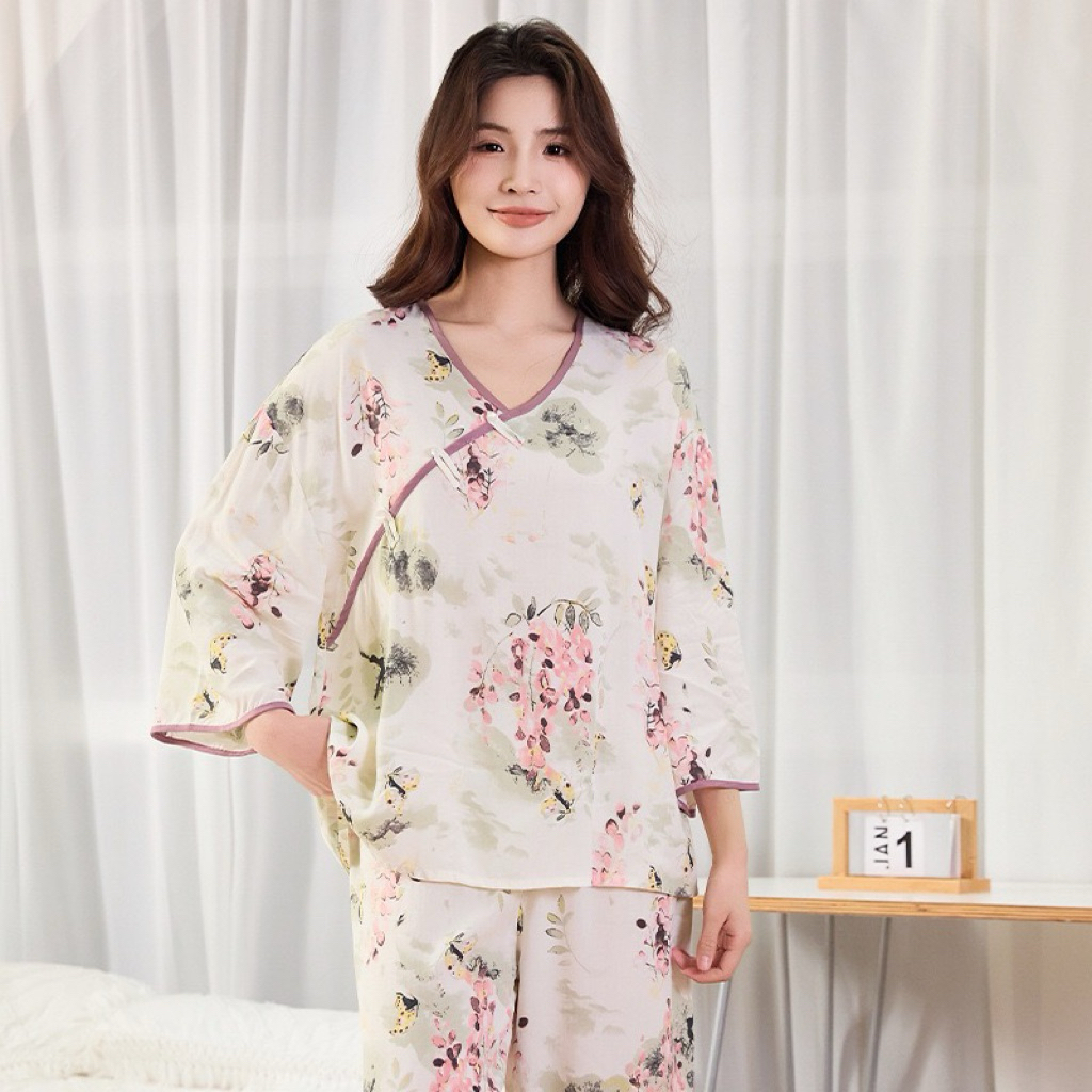 Bộ Đồ Ngủ Nữ Họa Tiết Lá Áo Tay Lỡ Quần Dài Mặc Nhà Thoải Mái