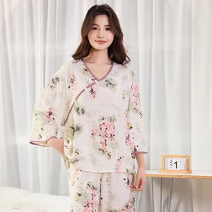 Bộ Đồ Ngủ Nữ Họa Tiết Lá Áo Tay Lỡ Quần Dài Mặc Nhà Thoải Mái