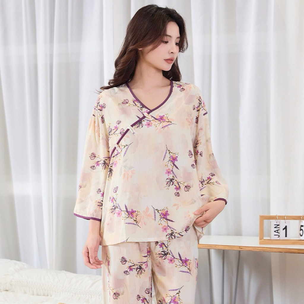 Bộ Đồ Ngủ Nữ Họa Tiết Lá Áo Tay Lỡ Quần Dài Mặc Nhà Thoải Mái