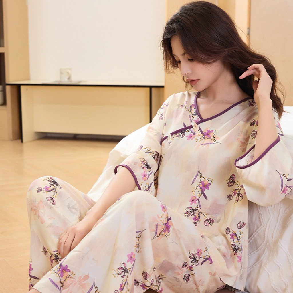 Bộ Đồ Ngủ Nữ Họa Tiết Lá Áo Tay Lỡ Quần Dài Mặc Nhà Thoải Mái