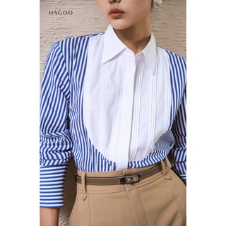 Sơ mi nữ thiết kế kẻ xanh trắng bổ phối cầu ngực cổ đức HAGOO phong cách thanh lịch công sở [A8107]