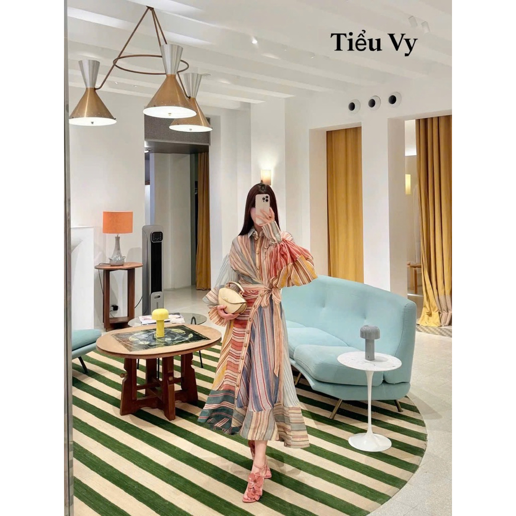 Đầm ZMM kẻ tay bồng thắt chéo eo
