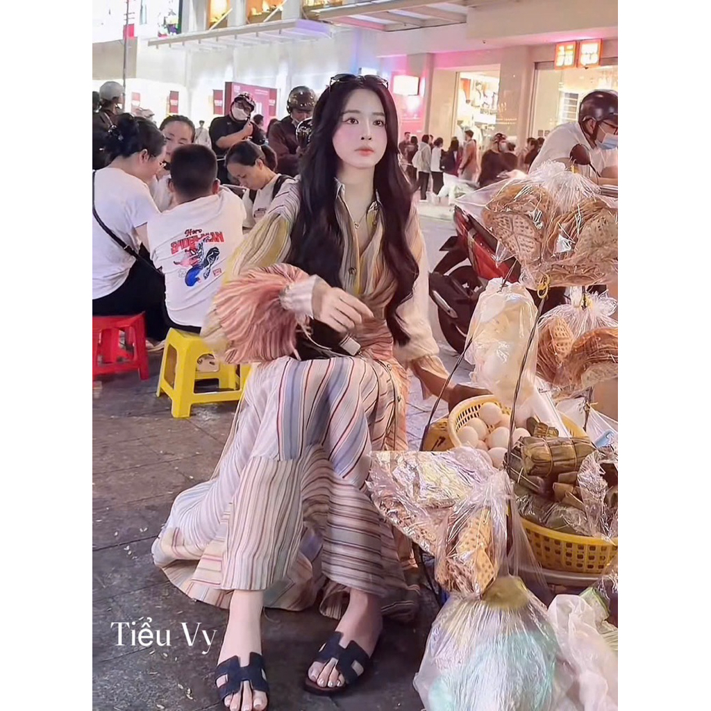 Đầm ZMM kẻ tay bồng thắt chéo eo