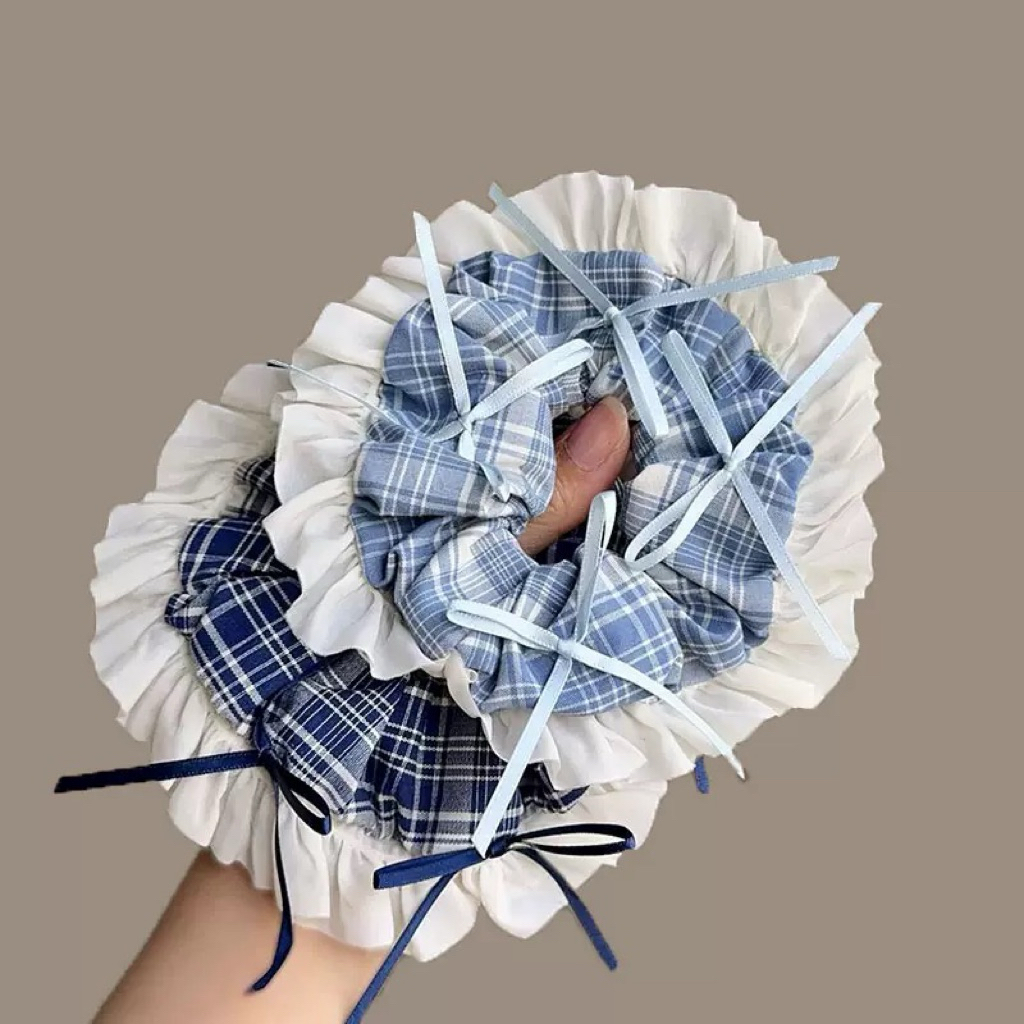 scrunchies ren phồng, cột tóc ren chấm bi