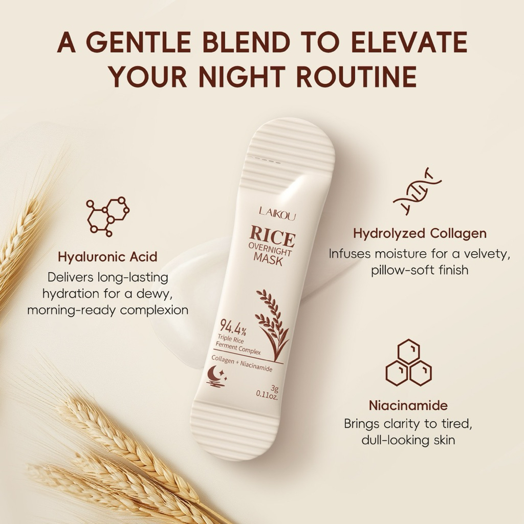 Mặt Nạ Ngủ Gạo LAIKOU Dưỡng Ẩm Sáng Da Overnight Mask 3g Dạng Gói Mini Tiện Lợi – Phù Hợp Dùng Thử Hoặc Mang Du Lịch