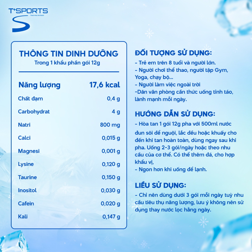 Hộp 05 Gói Bột điện giải T+Sports pha nước uống, bổ sung nước, khoáng chất, điện giải thể thao
