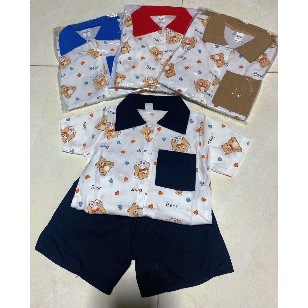 Combo 2 bộ sơ mi lụa họa tiết gấu cho bé trai