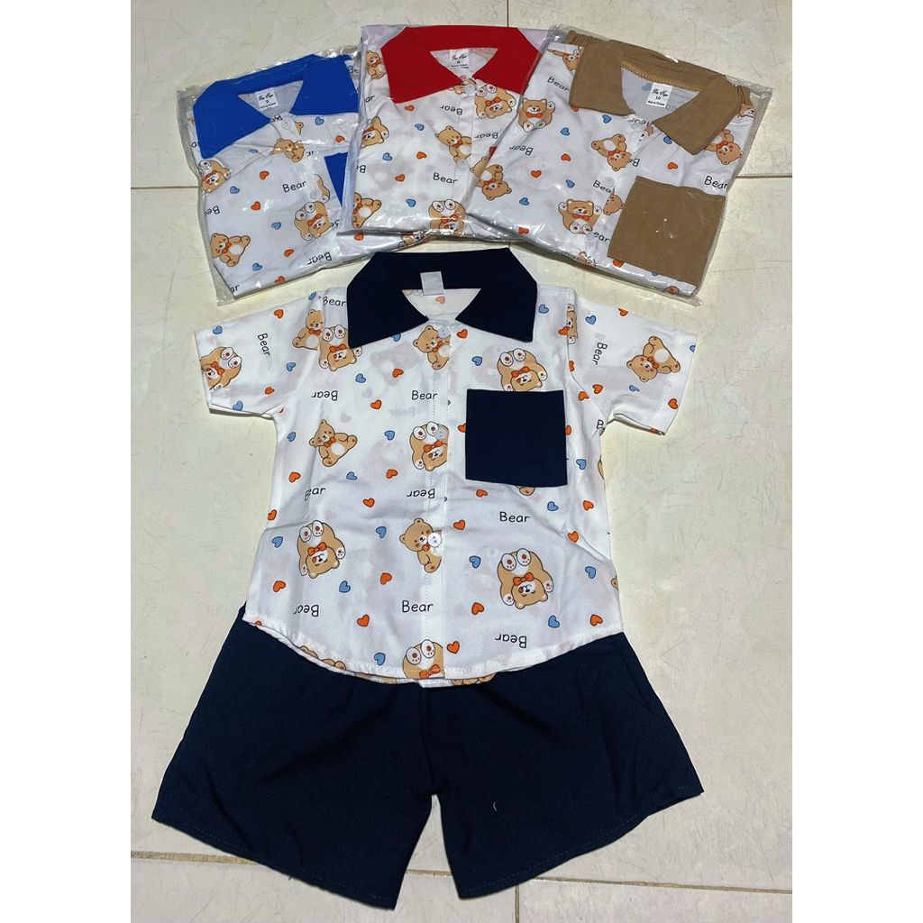 Combo 2 bộ sơ mi lụa họa tiết gấu cho bé trai