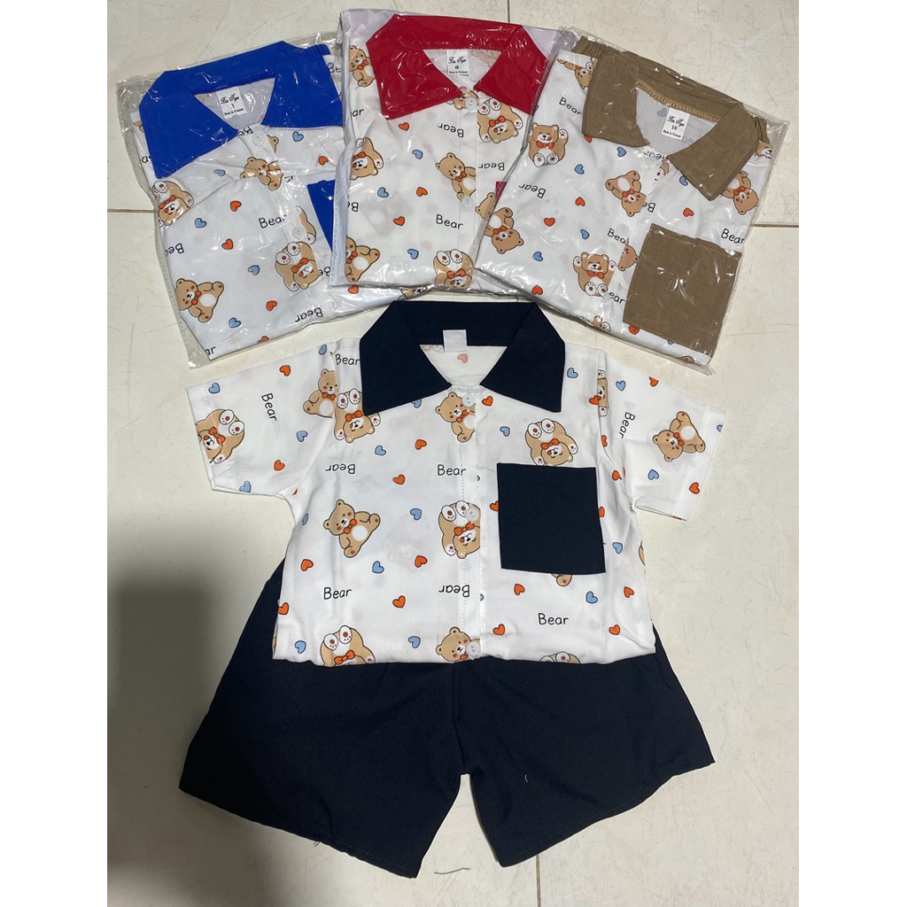 Combo 2 bộ sơ mi lụa họa tiết gấu cho bé trai