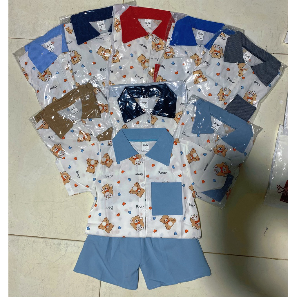 Combo 2 bộ sơ mi lụa họa tiết gấu cho bé trai