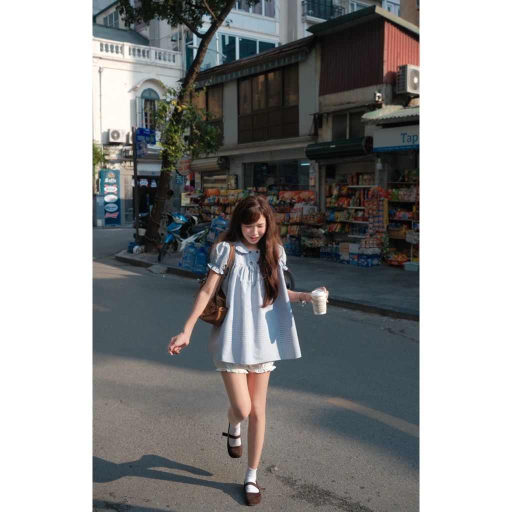 Set áo váy babydoll kẻ caro cổ cúc (kèm quần bí) Nữ the.sweaterweather TSW
