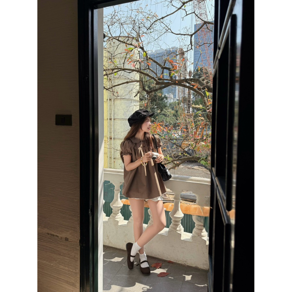 Set áo váy babydoll kẻ caro cổ cúc (kèm quần bí) Nữ the.sweaterweather TSW