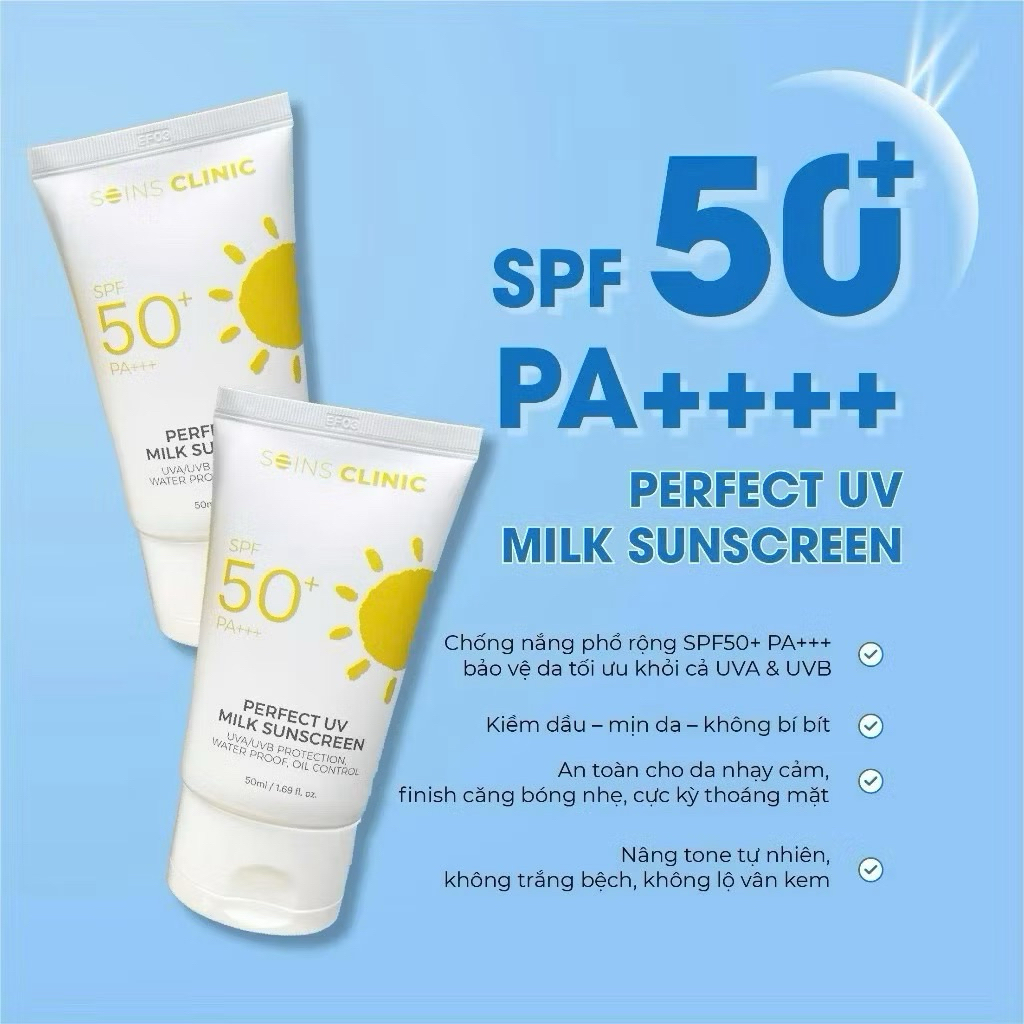 Kem chống nắng soins clinic perfect UV milk sunscreen 50ml - hạn 2028 Hàn Quốc IS25